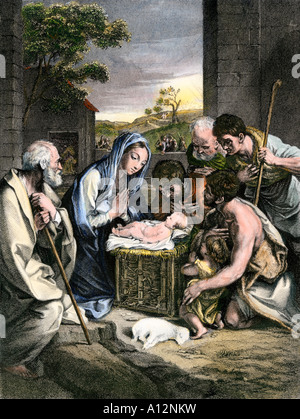 Bergers adorant l'enfant Jésus couché dans une mangeoire à Bethléem. La main, d'une illustration de demi-teinte Banque D'Images