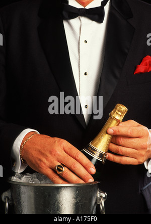 Résumé serveur dans tuxedo avec bouteille de champagne frais Banque D'Images