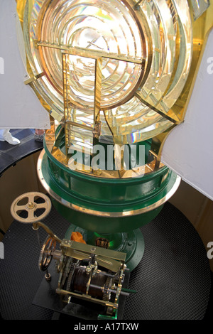 Phare du cap Espichel détail. Système optique de Fresnel et mécanisme d'horloge. Setubal sesimbra, au Portugal. Banque D'Images