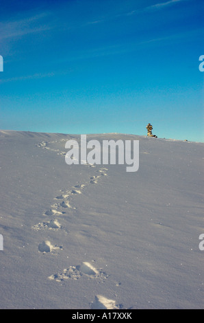 Traces dans la neige fraîche menant d'un inukshuk à l'horizon dans l'Arctique canadien Banque D'Images