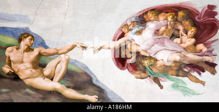 Création d'Adam sur la fresque du plafond de la chapelle Sixtine par Michel-Ange Buonarroti Musée du Vatican Rome Italie Europe Banque D'Images