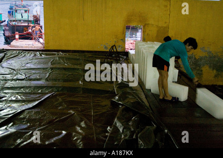 Les hommes qui travaillent dans une fabrique de glace, l'île Cat Ba, La Baie d'Halong, Vietnam Banque D'Images