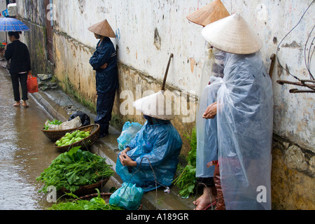 2007 Les agriculteurs vietnamiens portant des chapeaux traditionnelles de riz en plastique couvre Pluie et vendre des légumes frais du marché de Sapa Vietnam Banque D'Images