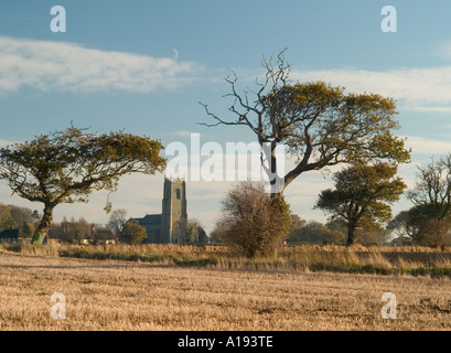 Scène d'automne d'arbres et de champs de chaume ingham église en arrière-plan, ingham, Norfolk, East Anglia, Angleterre, Royaume-Uni, Banque D'Images