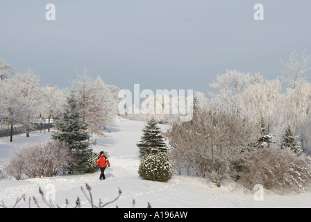 Image du livre vert avec une femme dans un manteau rouge marche dans la neige Banque D'Images