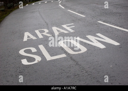 Affiche bilingue, signe de la circulation routière en gallois et l'anglais, l'ARAF lentes sur route dans le Nord du Pays de Galles Banque D'Images