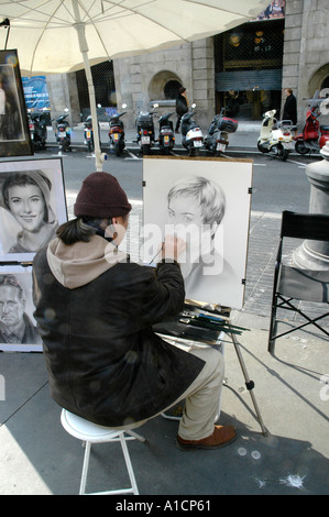 La peinture de l'artiste dans Ramblas Barcelona Banque D'Images