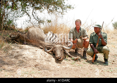 Guide réputé Robin Le Pape et les parcs nationaux du scoutisme avec un buffle d'eau morte dans la vallée de la Luangwa, en Zambie Banque D'Images