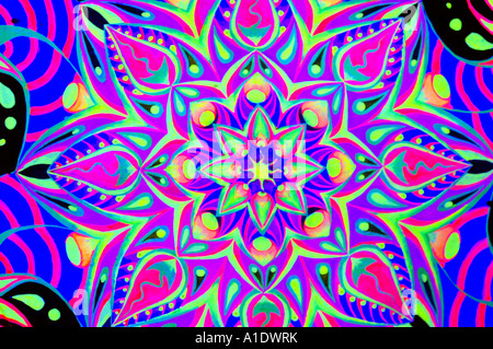 Peinture psychédélique fluorescent de champignons hallucinogènes en forme fractale mandala Banque D'Images