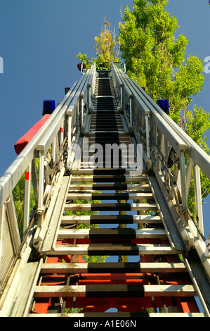 Les pompiers de l'échelle mobile escamotable menant à tree top, ciel bleu en plein air Banque D'Images