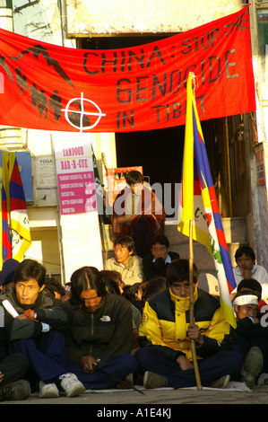 Groupe de manifestants tibétains hommes femmes siégeant en grève de la faim à street de McLeod Ganj, Inde Novembre 2006 Banque D'Images