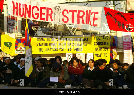 Groupe de manifestants tibétains hommes femmes siégeant en grève de la faim à street de McLeod Ganj, Inde Novembre 2006 Banque D'Images