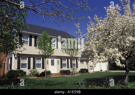 Deux étages maison traditionnelle en bois avec entrée de brique et arbres en fleurs au printemps, Midwest USA Banque D'Images