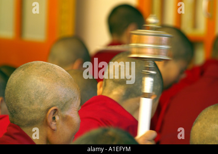 Des moines dans le monastère de Namgyal à prière personnelle des mains en rotation pendant la prière Banque D'Images