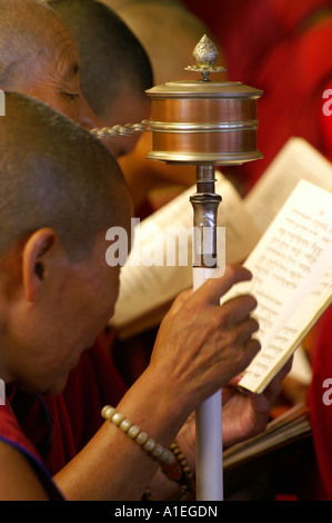 Moine dans le monastère de Namgyal livre et lecture personnelle des mains en rotation pendant les prières prières Banque D'Images