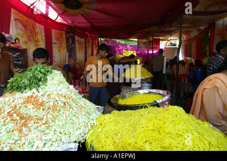 Wc séparés avec des collations au salon de Dussehra avec grande variété de plats de cuisine indienne riche, Kullu, Inde Banque D'Images