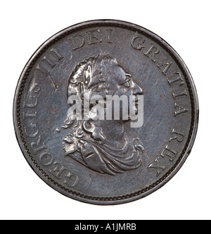 Le roi George III 3 Reg fid def demi-penny décimal avant old pence P 1799 Tête lumineuse de cuivre très longs cheveux curl sash Banque D'Images