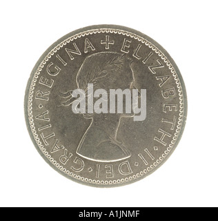 La reine Elizabeth II Regina 2 Reg 2 shilling deux décimales pré 24 vingt quatre pence ancien droit face profil droit jeunes brillants argent Banque D'Images