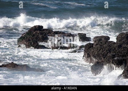 Vagues se brisant sur les rochers de Noth sur la côte de l'Oregon à Yachats Banque D'Images