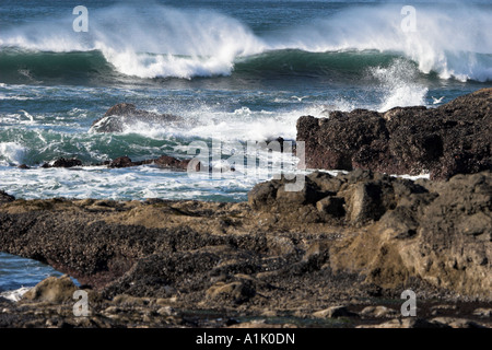 Vagues se brisant sur les rochers de Noth sur la côte de l'Oregon à Yachats Banque D'Images