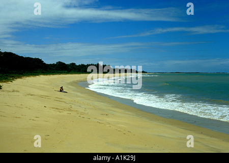 Siège seul Sunbather sur plage de sable à Porto Seguro, Brésil sur l'Océan Atlantique Banque D'Images