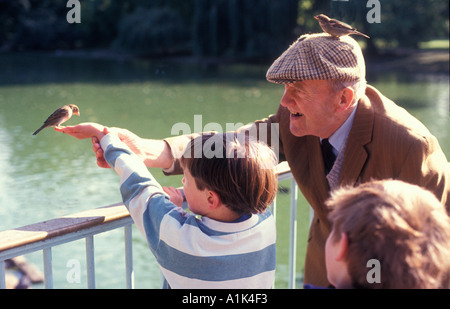 Grand-père nourrir les oiseaux dans parc verdoyant avec petits-enfants. Banque D'Images