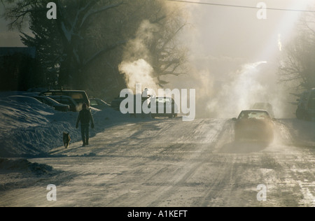 Une scène de rue d'hiver de neige et de glace et d'une personne à leur chien. Banque D'Images