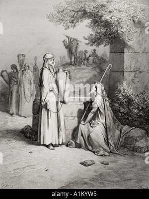 Gravure de la Dore Bible illustrant la genèse xxiv 15 à 21. Eliezer et Rébecca par Gustave Dore Banque D'Images