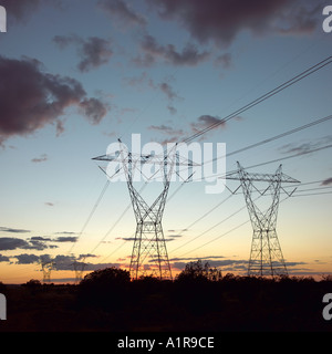 Pylônes électriques haute tension et les lignes en Arizonza USA au coucher du soleil Banque D'Images