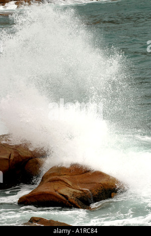 Plage de rochers vague géante montagne mer Impact Spray Banque D'Images