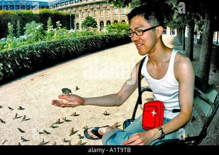 PARIS FRANCE, 'hommes' 'Nourrir les oiseaux' in 'Palais Royale' Gardens' 'en vacances' Portrait Printemps Banque D'Images