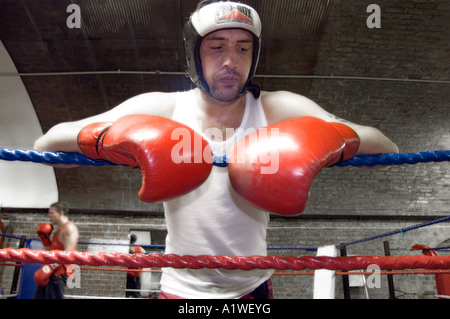 Boxeur Amateur repose sur les cordes Banque D'Images