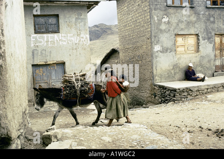 Femme tenant un enfant SUR LE DOS À MARCHER AVEC UN ÂNE CHARGÉ DE BOIS DE CHAUFFAGE À TRAVERS UN VILLAGE EN BOLIVIE Banque D'Images