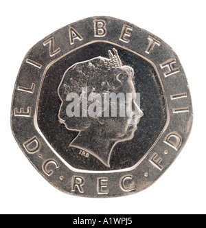 La reine Elizabeth II Regina Reg 2 virgule 20 vingt nouveaux pence P droit face profil jeunes plumes couronne lumineuse d'argent Banque D'Images