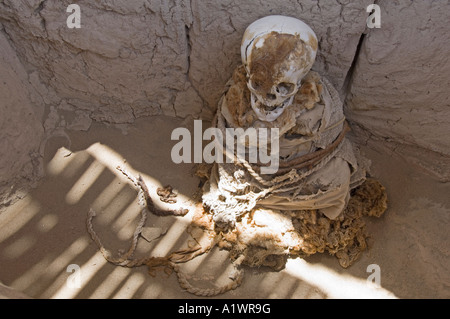 Une vue d'une des tombes avec un squelette à l'Chauchilla Cemetery au Pérou. Banque D'Images