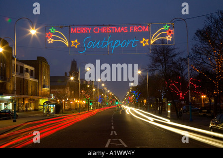 Bienvenue à Southport, Merseyside, lumières de Noël uk Banque D'Images