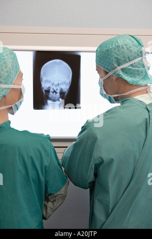 Les radiologues Examining X-Ray de crâne, vue arrière Banque D'Images
