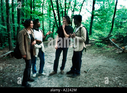 Paris France, groupe multiracial diversifié de race mixte et de genre Français adolescents multi-ethniques amis garçons filles bavardant à l'extérieur dans la forêt, Banque D'Images