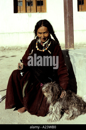 Propriétaire de l'hôtel Vue Palace à Leh, Ladakh est assis au soleil, porter des vêtements traditionnels et bijoux avec son animal de compagnie chien Lhassa Apso Banque D'Images