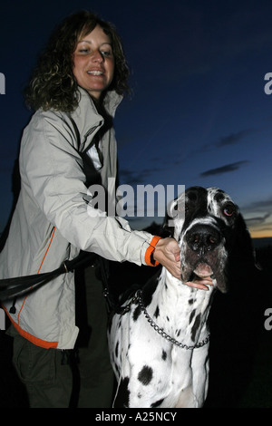 Grand Danois (Canis lupus f. familiaris), femme tenant la tête du chien en direction de la caméra, Allemagne Banque D'Images