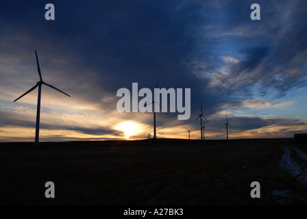 Éoliennes sur une praire ridge près des contreforts du sud de l'Alberta au lever du soleil avec quelques nuages et vent léger Canada Banque D'Images