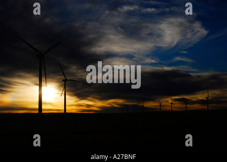 Éoliennes sur une praire ridge près des contreforts du sud de l'Alberta au lever du soleil avec quelques nuages et vent léger Canada Banque D'Images