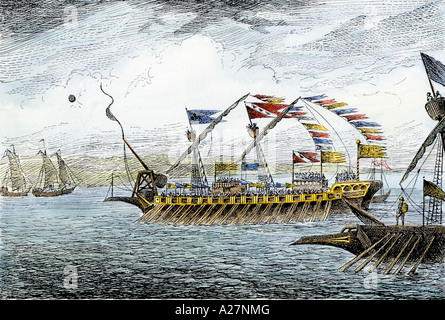 Le premier Plan Marco Polo Korcula à navires vénitiens dans la mer Adriatique. À la main, gravure sur bois Banque D'Images