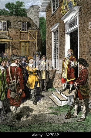 Gouverneur en colère face à Berkeley pendant la rébellion des colons Bacons à Jamestown en 1676. À la main, gravure sur bois Banque D'Images