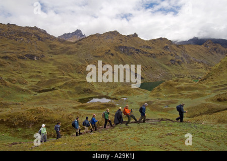 Un groupe de touristes et de guides de trekking à travers le paysage sauvage des Andes sur la "communauté" de l'Inca. Banque D'Images