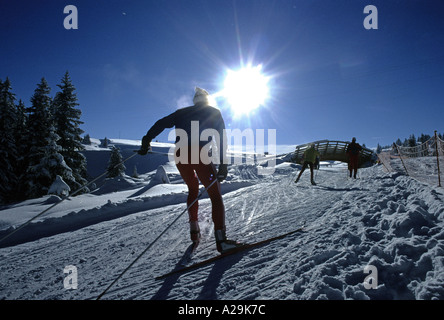 Les skieurs sont silhouetté contre le soleil bas Banque D'Images