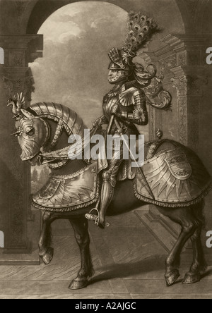 Le roi chevalier en armure armure sur l'academie steed charger Banque D'Images