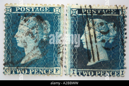 2d 2 timbres perforés bleu Victorian début des années 1840 Banque D'Images