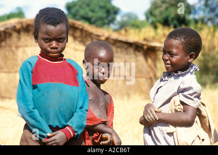 Les enfants autochtones posant devant une cabane de chaume de paille en Bwangu Mzimba au Malawi, en Afrique Banque D'Images