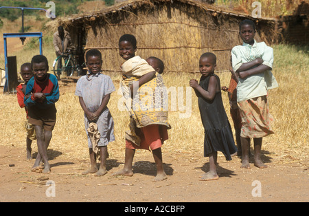 Les enfants autochtones posant devant une cabane de chaume de paille en Bwangu Mzimba au Malawi, en Afrique Banque D'Images